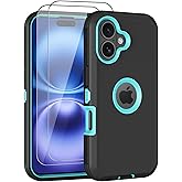 Aimoll-88 for iPhone 16 Case, with 2 Screen Protector Heavy Duty Drop Protection, Full Body 3 Layer Rugged Shockproof Dust-Proof Tough Protective Phone Cover for Apple iPhone 16 (Black/Mint)