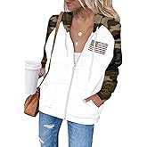Ezbelle Zip Up Hoodie Women's American Flag Graphic Hoodies Casual Long Sleeve USA Shirt Color Block with Pockets