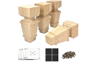 AIMINJEY 6 Inch Wooden Furniture Legs with Mounting Plates Screws Set of 4 Solid Wood Unfinished European Style Replacement Furniture Feet for Couch Cabinet Sofa Ottoman TV Stand Home DIY Projects (6 inch)