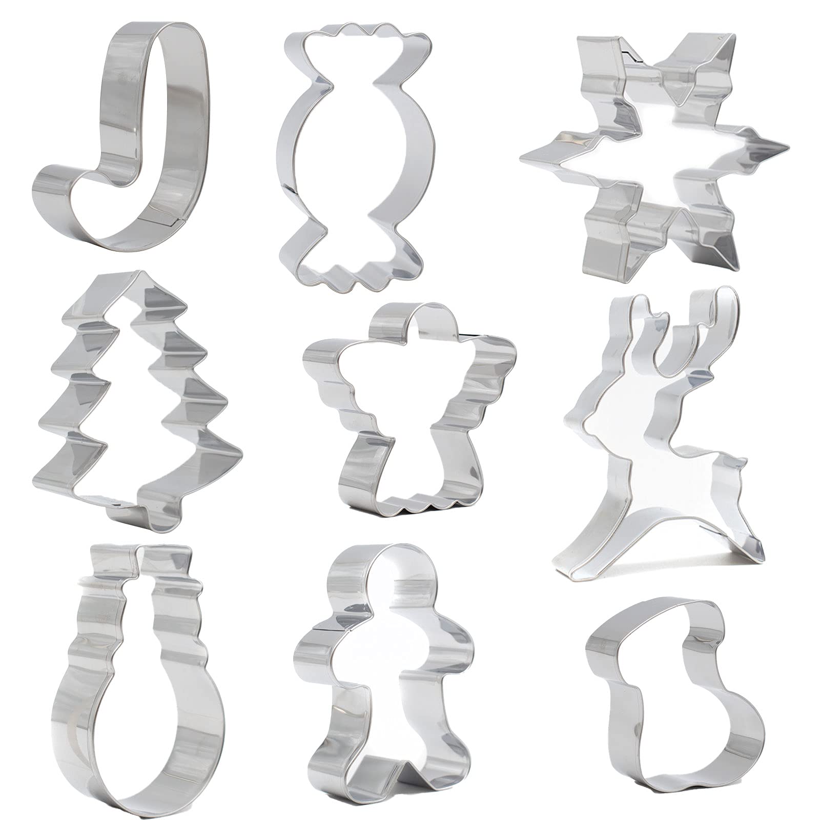 TRIXES 9PC Christmas Cookie Cutter Set - Christmas Baking Moulds - Xmas Pastry Moulds - Reindeer, Snowman, Angel, Snowflake, Gingerbread Man & Christmas Stocking Shapes - Kitchen Supplies for Kids