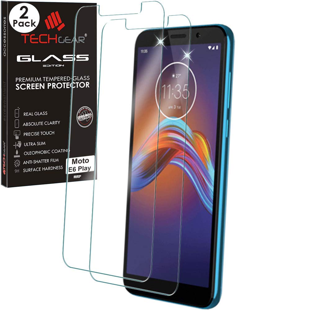 TECHGEAR [2 Pack GLASS Edition for Motorola Moto E6 Play, Genuine Tempered Glass Screen Protectors Covers [2.5D Round Edge] [9H Hardness] [Crystal Clarity] [Scratch-Resistant] [No-Bubble]