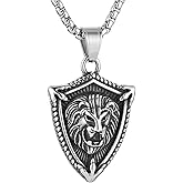 AsAlways Lion Head Necklace for Men Stainless Steel Animal Shield Pendant Necklace Jewelry Gift