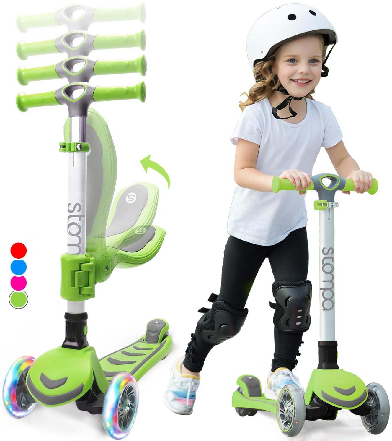 Stompa Kids Scooter for Ages 2-7, 2-in-1 with Removable Seat & Foldable, Light-Up Wheels (Battery-Free), 3-Wheel Adjustable Height Kick Scooter for Boys Girls - Green