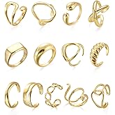MOROYA 10PCS Gold Dome Chunky Rings for Women 18K Gold Plated Braided Twisted Round Signet Rings Adjustable Open Ring Band Statement Jewelry Size 7-9