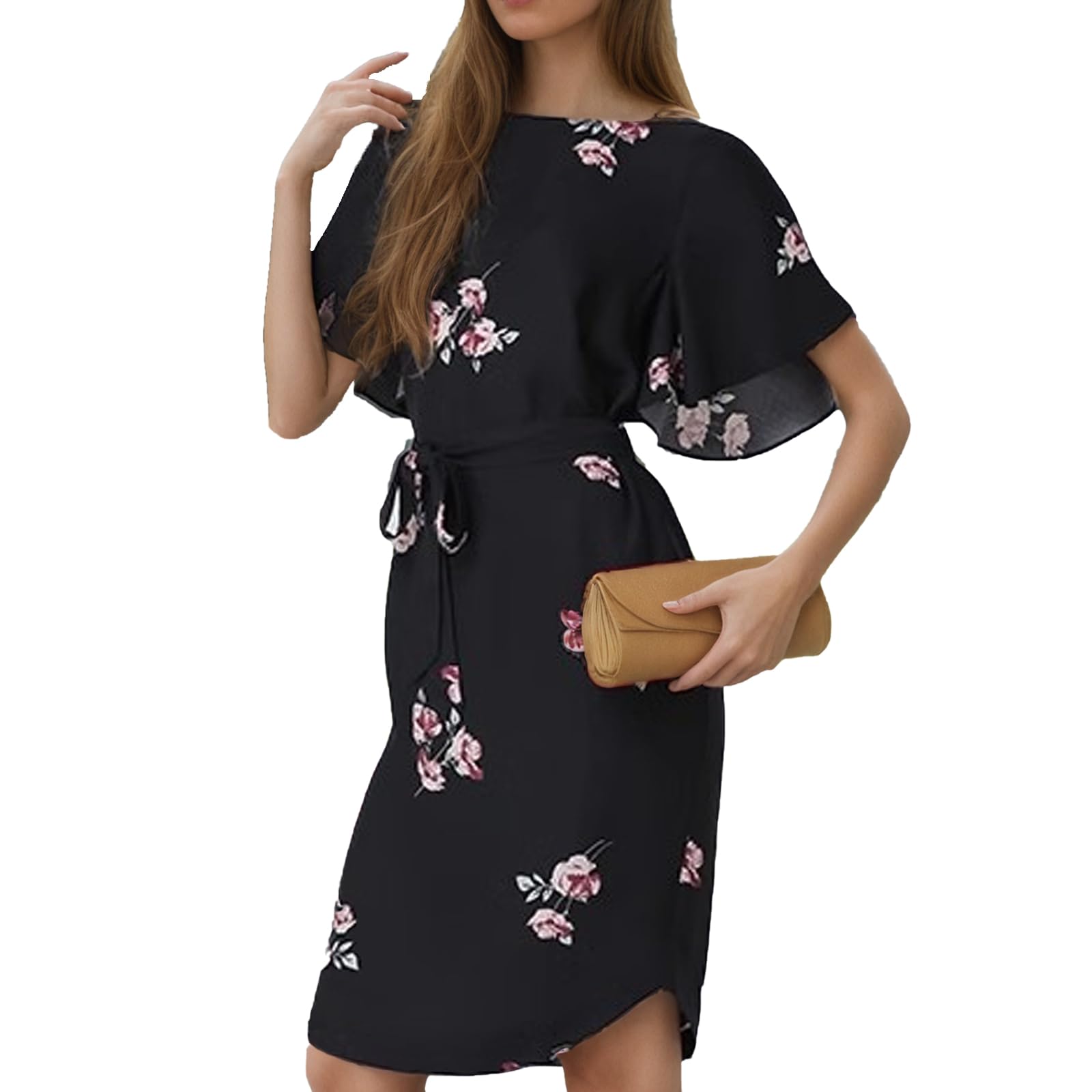 Photo 1 of *small* UTOKOTO Women's Summer Round Neck Mid-Length Printed Dress Classic Flared Cuff with Belt Casual Beach Mini Dress, 