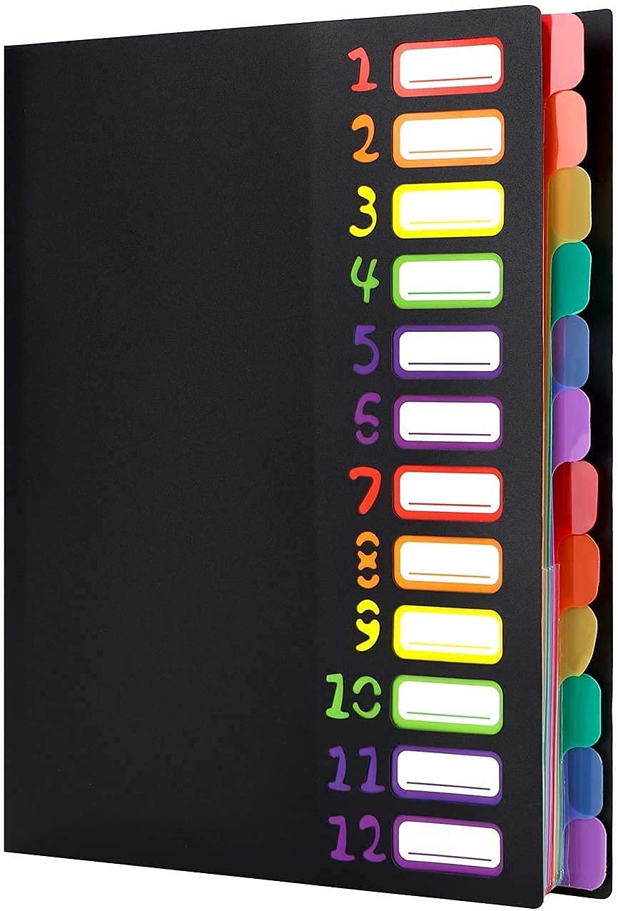 A4 Waterproof Expanding File Folder 12 Pockets Accordion File Organiser Project Folder Plastic Document Paperwork Holder Rainbow Color Music File Folder with Colored Labels for School Office Art