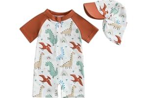 Ayalinggo Toddler Boys Rash Guard Swimsuit Sea World Animal Print Zipper Short Sleeve Bathing Suit with Swim Cap for Kids