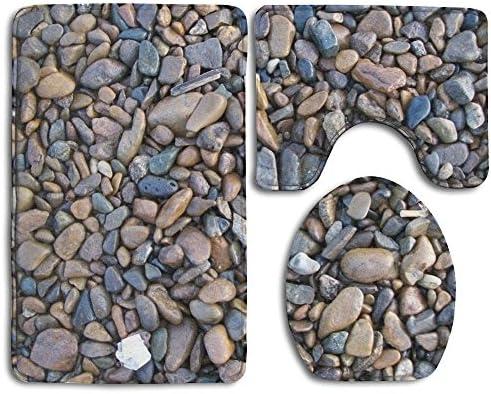 Bath Mat,3 Piece Bathroom Rug Set,Cobblestone Flannel Non Slip Toilet Seat Cover Set,Large Contour Mat,Lid Cover For Men/Women