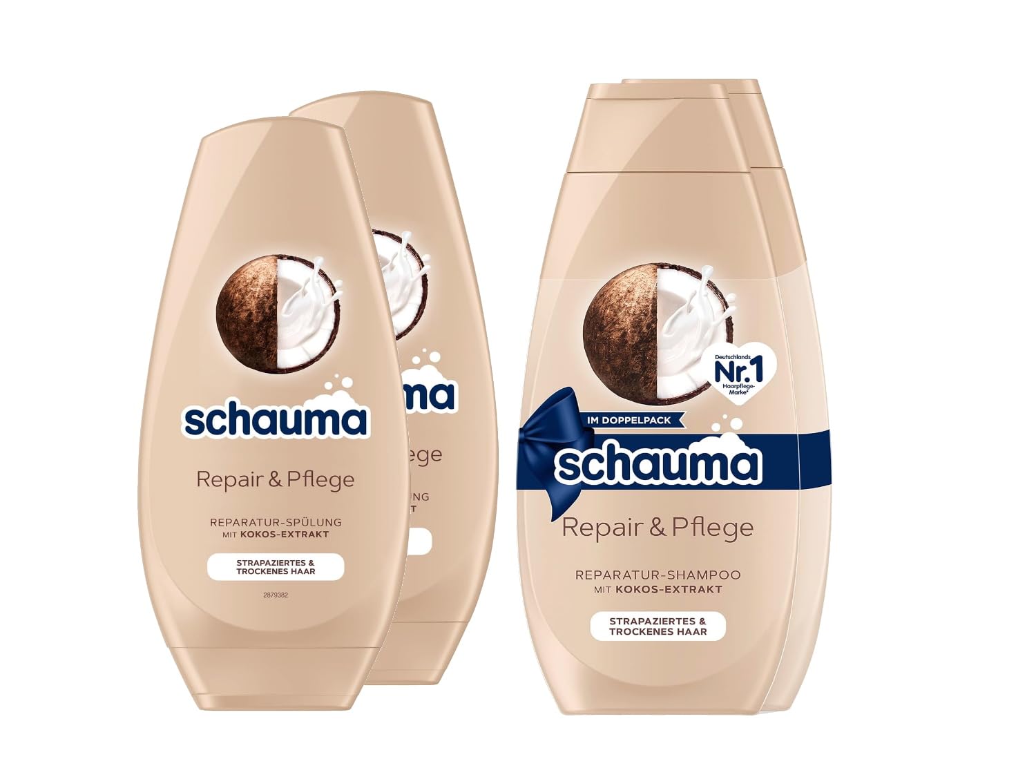Schauma Shampoo Repair & Care Pack of 2 (1 x 2 x 400 ml) Provides Suppleness, Repair Shampoo for Damaged & Dry Hair & Conditioner (2 x 250 ml) Hair Conditioner with Coconut Extract