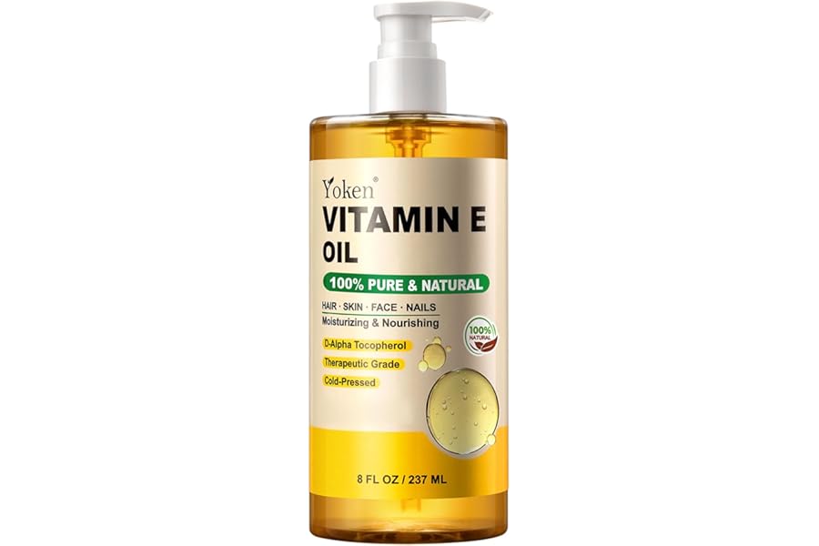 Yoken Vitamin E Oil 8 Fl Oz Organic Vitamin E oil for Skin Vitamine oils for Scars Hair,Face,Nail,Scalp Perfect Bath and Body Oil Cold Pressed Hexane Free Non-GMO Gluten Free Formula