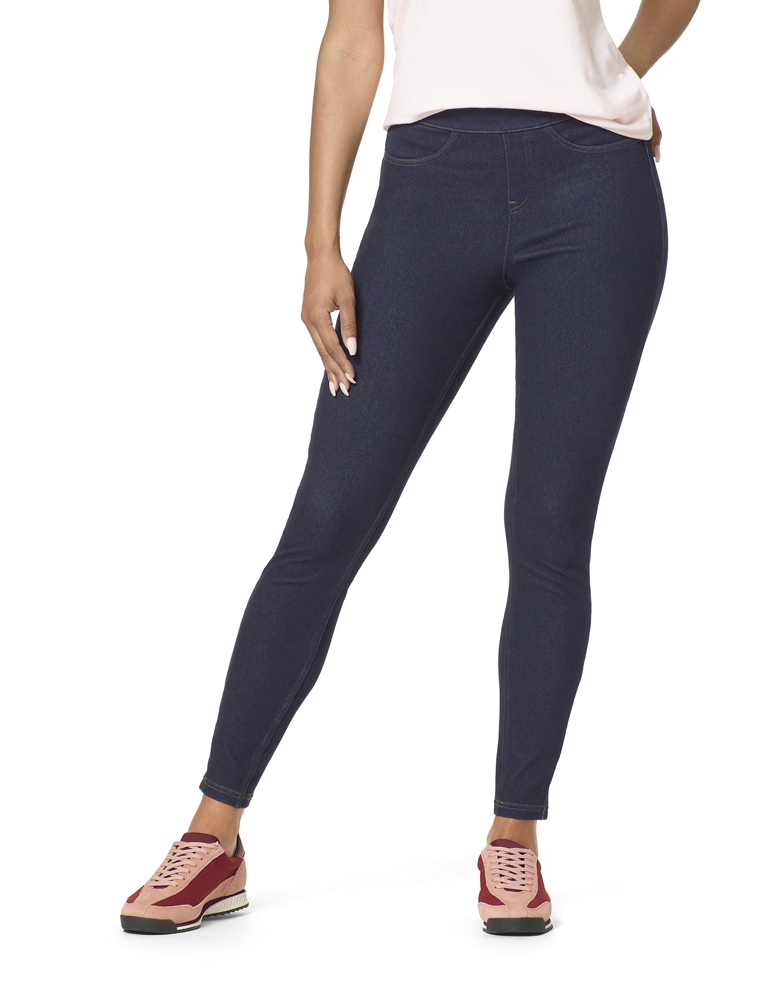 Photo 1 of HUE Women's Essential Denim Leggings with Pockets Curvy Fit Pull On Pants, Available in Plus Size, Midnight Rinse, Medium
