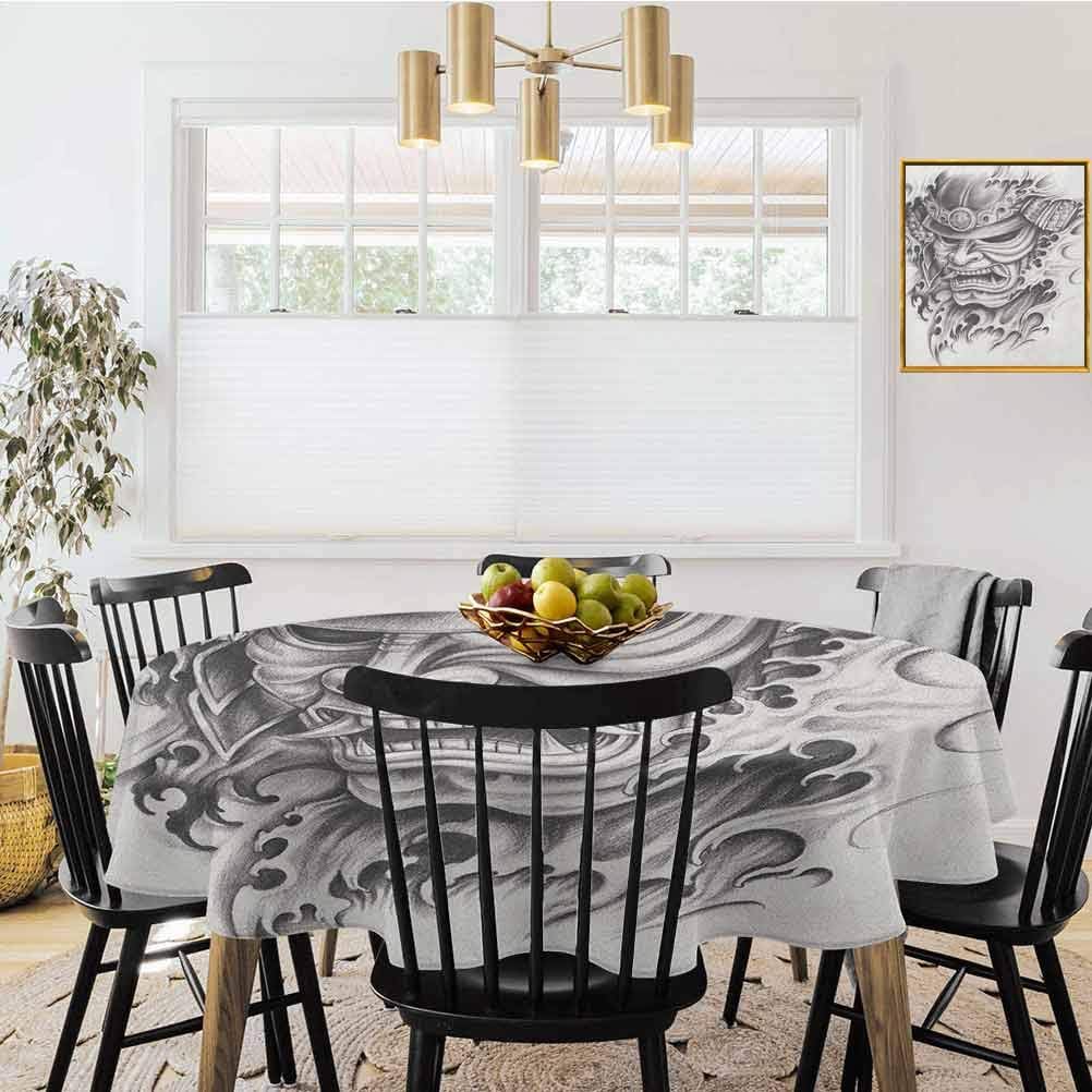 shirlyhome Kabuki Mask Tablecloth Washable Warrior Samurai Drawing Style with Angry Expression Historical Figure Artwork Dining Decorative for Party Picnic Black White (Diameter 54")