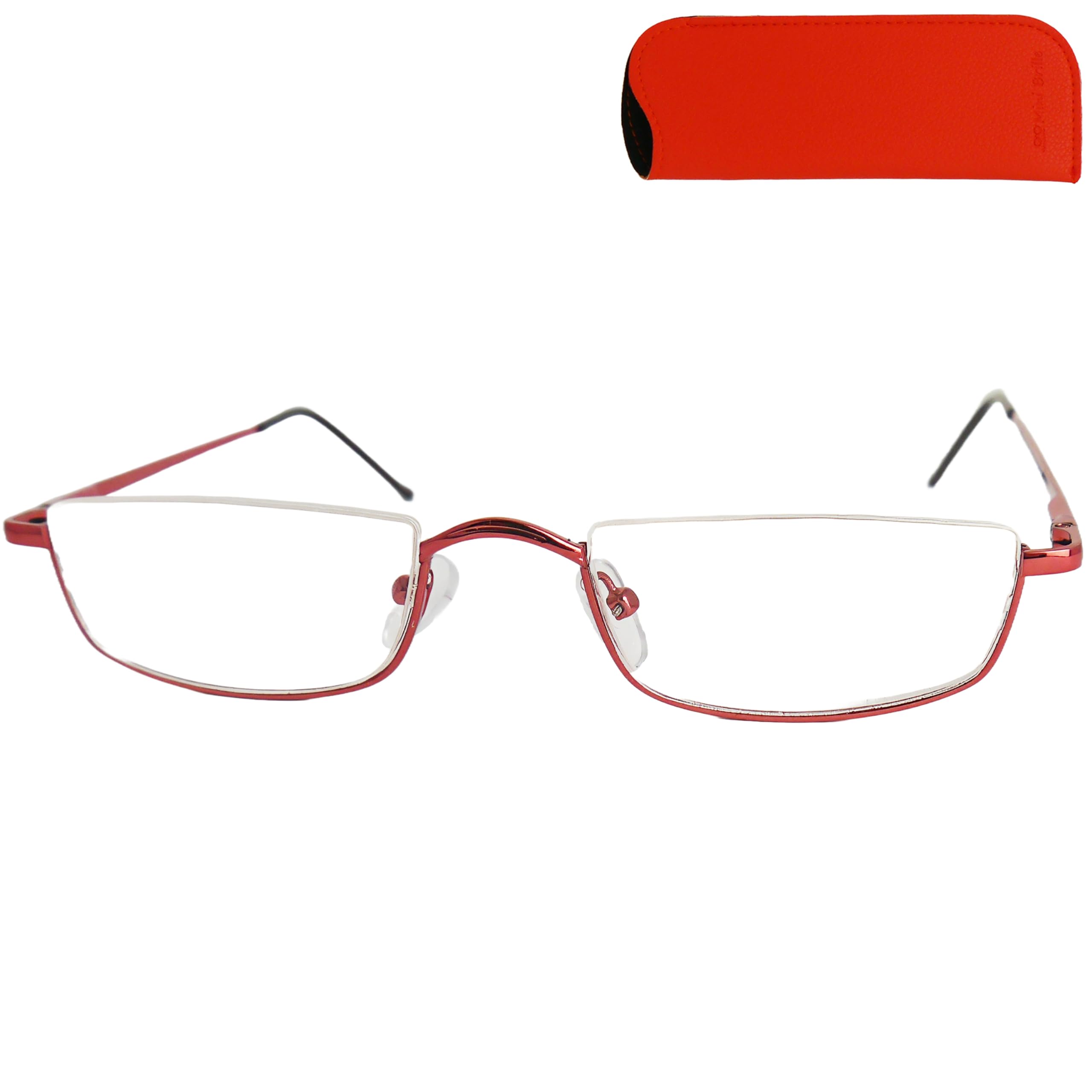 Mini Brille - Metal Half Moon Reading Glasses, Including Case, Square Half Eye Stainless Steel Frame (Red) with Spring Hinge, Men and Women Readers +1.00 Magnification