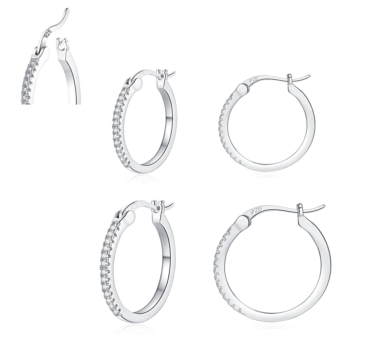 EPVOA Silver Hoop Earrings - Sterling Silver, Hypoallergenic Cubic Zirconia - Women's & Men's Sizes 13/15mm