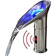 Gangang LED Waterfall Bathroom Touchless Faucet Brush Nickle Automatic Motion Sensor Lighted Colorful Water Tap Mixer with Control Box and Mixing Valve(LED Round Waterfall)