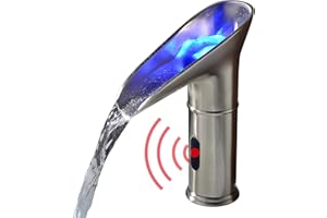 Gangang LED Waterfall Bathroom Touchless Faucet Brush Nickle Automatic Motion Sensor Lighted Colorful Water Tap Mixer with Control Box and Mixing Valve(LED Round Waterfall)