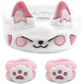 Canitor Face Wash Headband With Wrist Bands - Soft Coral Fleece Spa Makeup Headband With Cute Animal Cat Ears - Elastic Skincare Wrist Towels