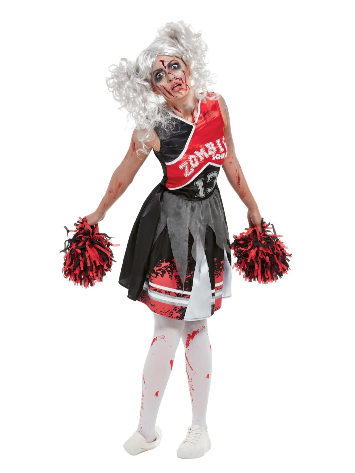 Smiffys Cheerleader Zombie Costume, Red with Dress & Pom Poms, Halloween Zombie Alley Fancy Dress, Halloween Dress Up Costumes