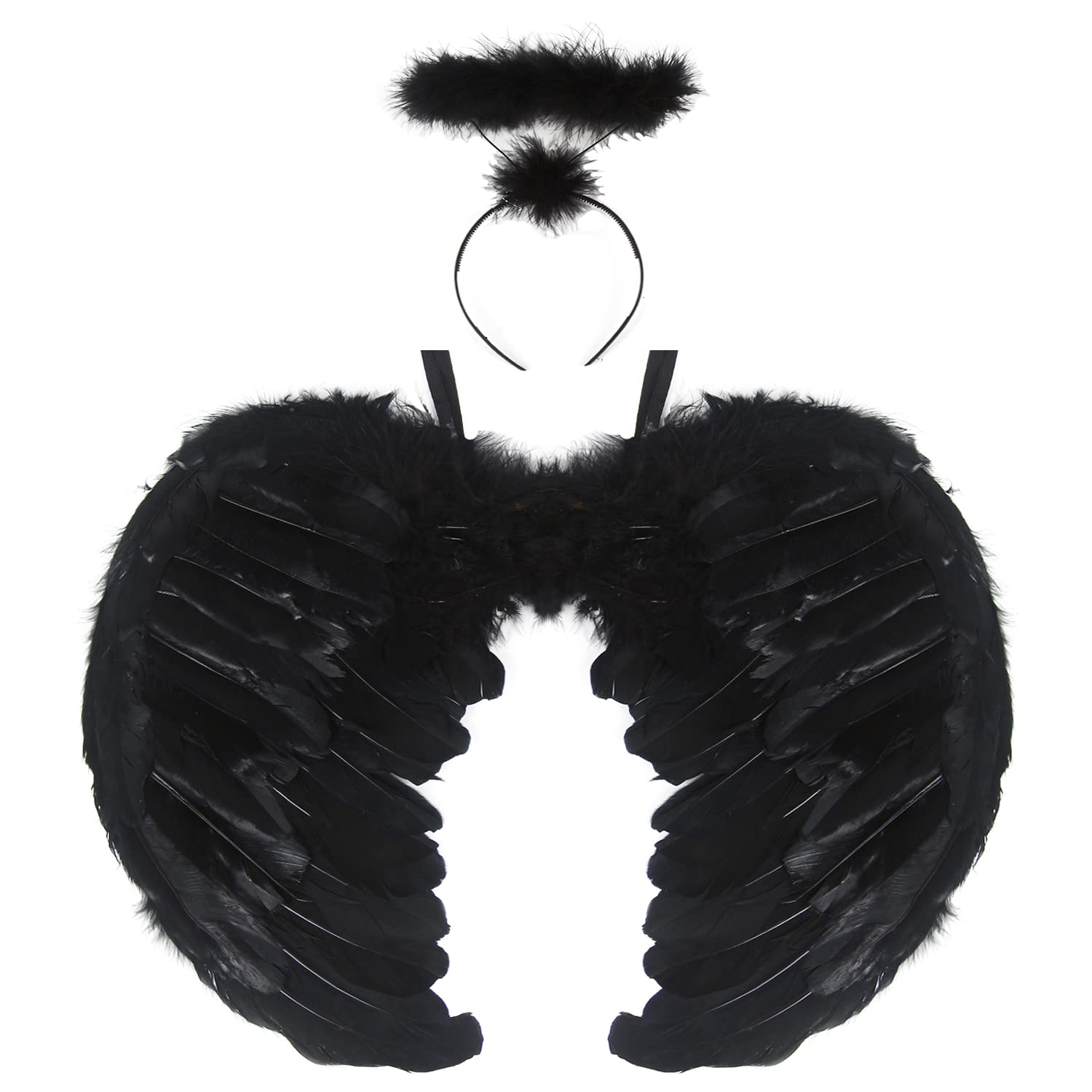 SULOLI Black Angel Wings,Angel Wings and Halo Dark Angel Costume Black Fairy Wings Fallen Angel Costume Women