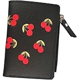 Aoaoss Small Wallet Women I Cherry Wallet I Women'sCute Embroidered Short Wallet I Women and Girls Daily Life Fashionable Versatile Pu Leather Zipper Wallet I Cherry Print Ladies Mini Purse (Black)