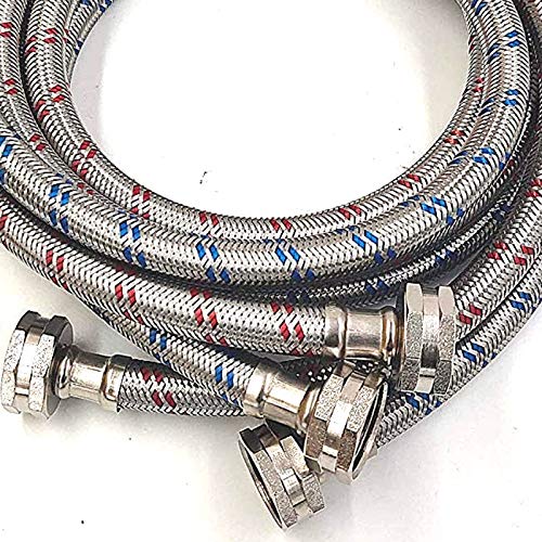 Washing Machine Hose Stainless Steel Braided Water Supply Line - Burst Proof 2 Pack - Commercial Grade Metric Fittings + Wrench for Easy Installation (12ft)