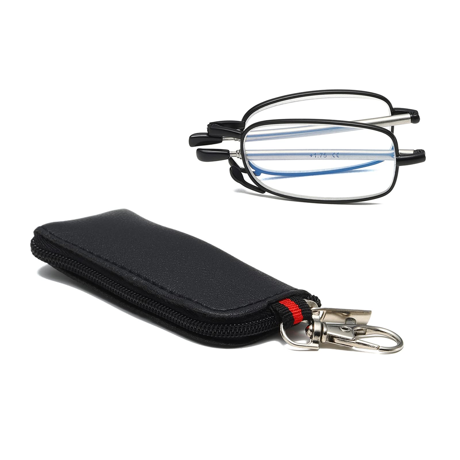Hubeye Ultra Thin Folding Reading Glasses with Keychain Compact Bags for Men Women Blue Light Blocking Spring Hinge Portable Pocket Foldable Readers 1.50