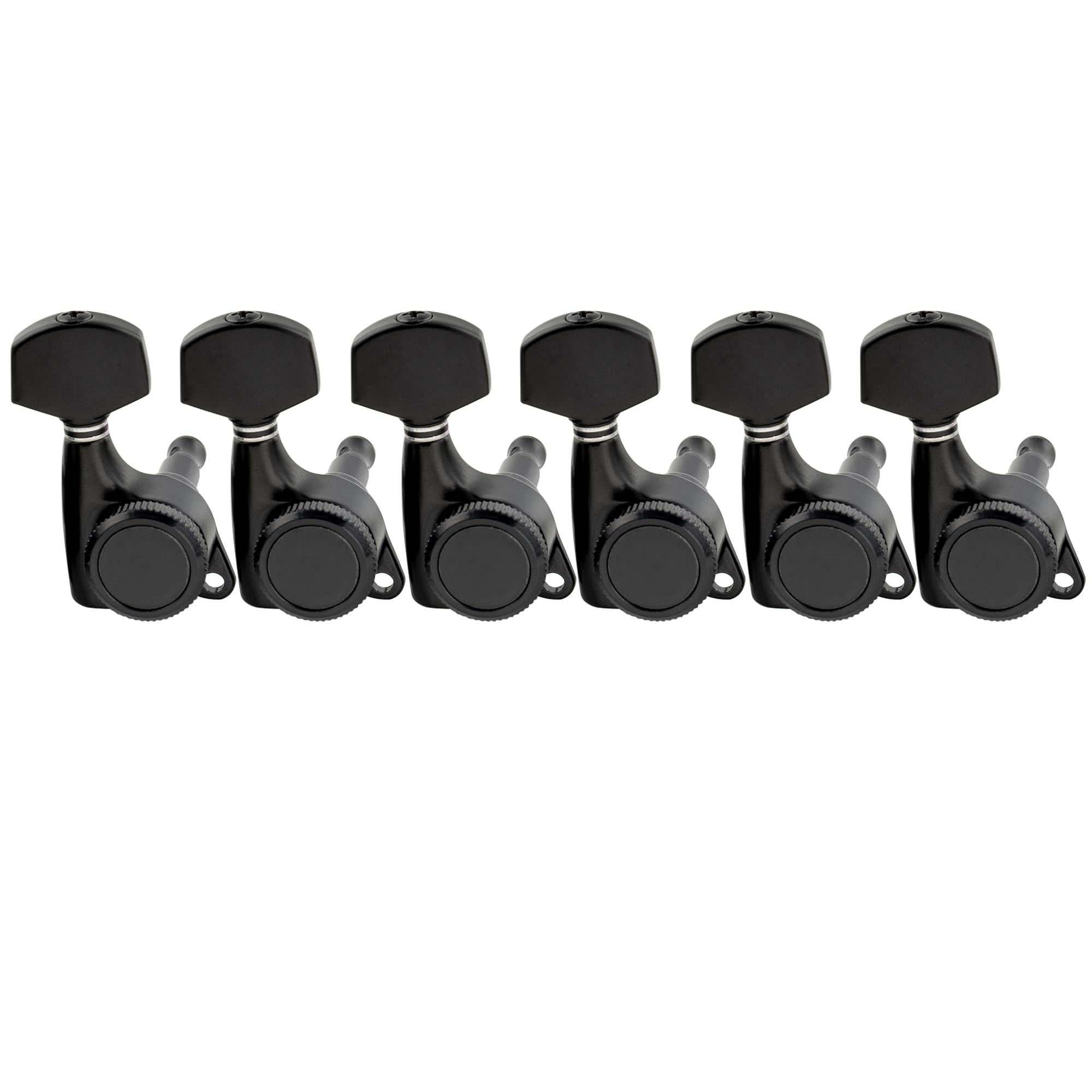 Musiclily Pro 6-in-line Guitar Locking Tuners Machine Heads 18:1 Ratio Guitar Locking String Tuning Pegs Keys for Strat Tele Style Electric Guitar, Black with Hex Button