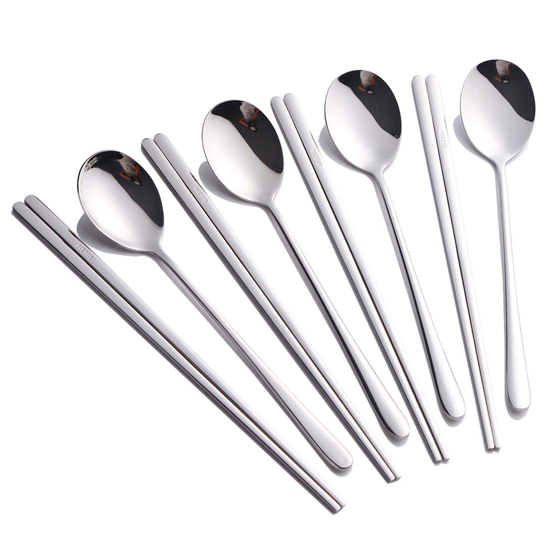 Buyer Star 4 Set Spoons and Chopsticks Dinner Set 18/10 Stainless Steel Korean Chopsticks Spoons Set (8 Pieces Silver)