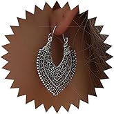 Aneneiceera Vintage Tribal Heart Dangle Earrings Filigree Heart Hoop Earrings Silver Hollow Hearts Earrings Ethnic Gypsy Hoop Earrings Jewelry for Women