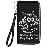 Women's Large Capacity Wallet PU Leather Zip Around Clutch Purse Multifunctional Wallet with Removable Wristlet Strap for Smart Phone/Coin/Card/Cash, Funny Cat - It's Fine I'm Fine Everything is Fine