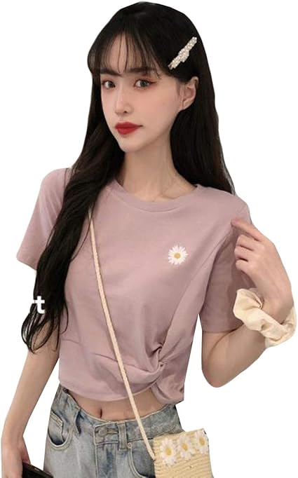 Amazon Aozuoレディース ｔシャツ ショート丈 へそ出し 五分袖ｔシャツ カットソー 丸襟 夏 トップス 細身 白ｔシャツ 黒ｔシャツ ギャザー 雛菊 ショートｔシャツ 女子会 デート パープル Tシャツ カットソー 通販