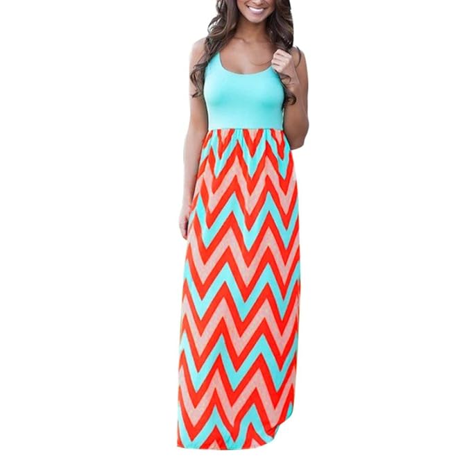 Yanhoo Damen Gestreift Lange Boho Kleid Lady Beach Sommer Sundrss Maxikleid Strand häkeln Vintage Floral Bodycon Sleeveless b