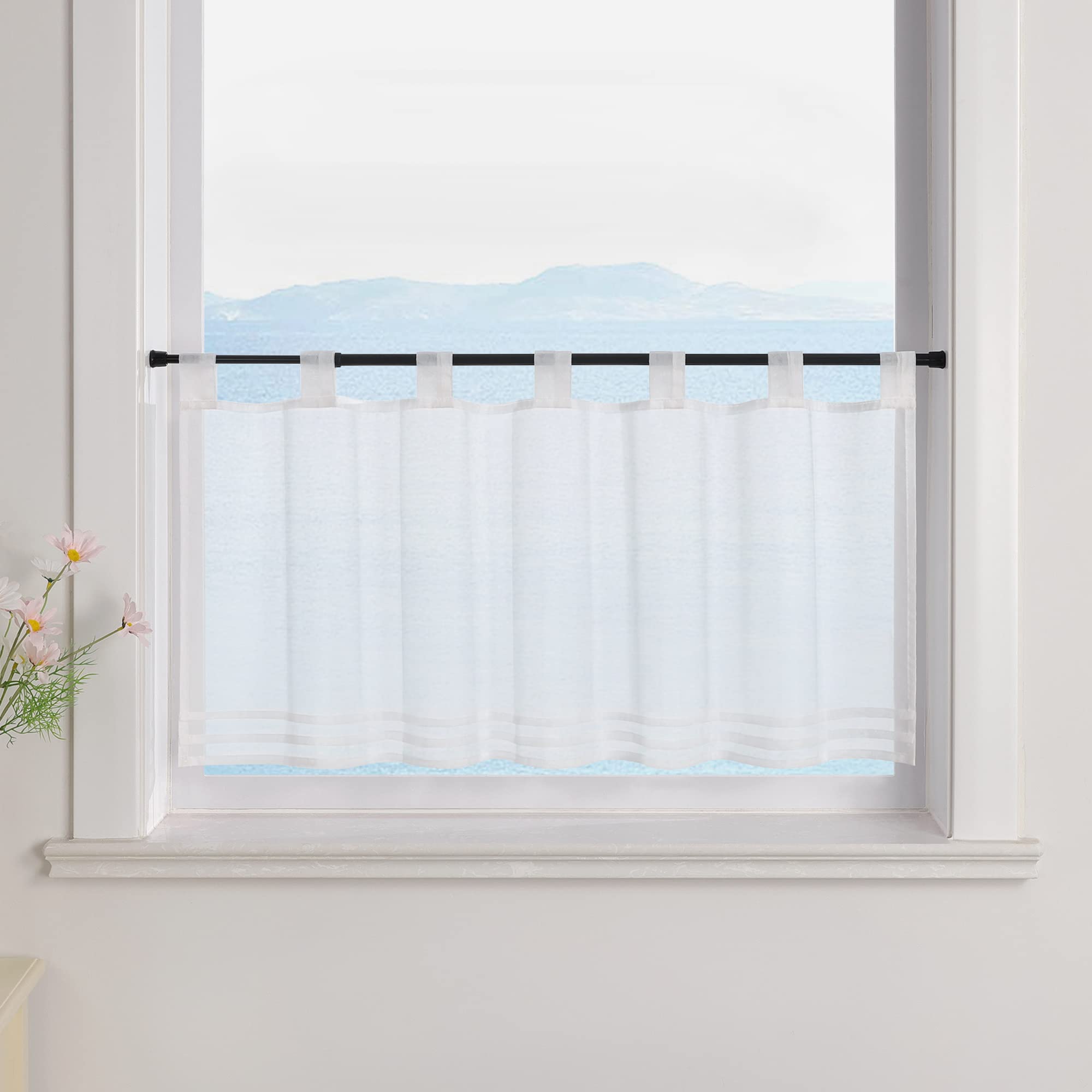 ESLIR Panel curtain with loops, kitchen bistro curtains, transparent curtains plain voile, white, H x W, 60 x 140 cm, 1 piece