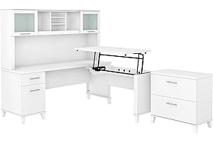 BUSH BUSINESS FURNITURE Bush Furniture Somerset 72W 3 Position Sit to Stand L Shaped Desk with Hutch and File Cabinet in White