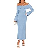 ZESICA Women's Fall Off Shoulder Sweater Dress 2025 Bell Long Sleeve Ribbed Knit Bodycon Formal Maxi Dresses