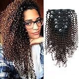 Sassina Remi Brazilian Human Hair Extensions Kinky Curly Clip In Double Wefts Thick Hair For Full Head Black Women 1B Off Black Fading into Light Chocolate Brown 120 Grams KC 1BT4# 14 Inch