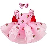 bluqulo Pink Strawberry Princess Dress for Girls – Layered Tulle Birthday Party Dress with Big Red Bow and Matching Headband
