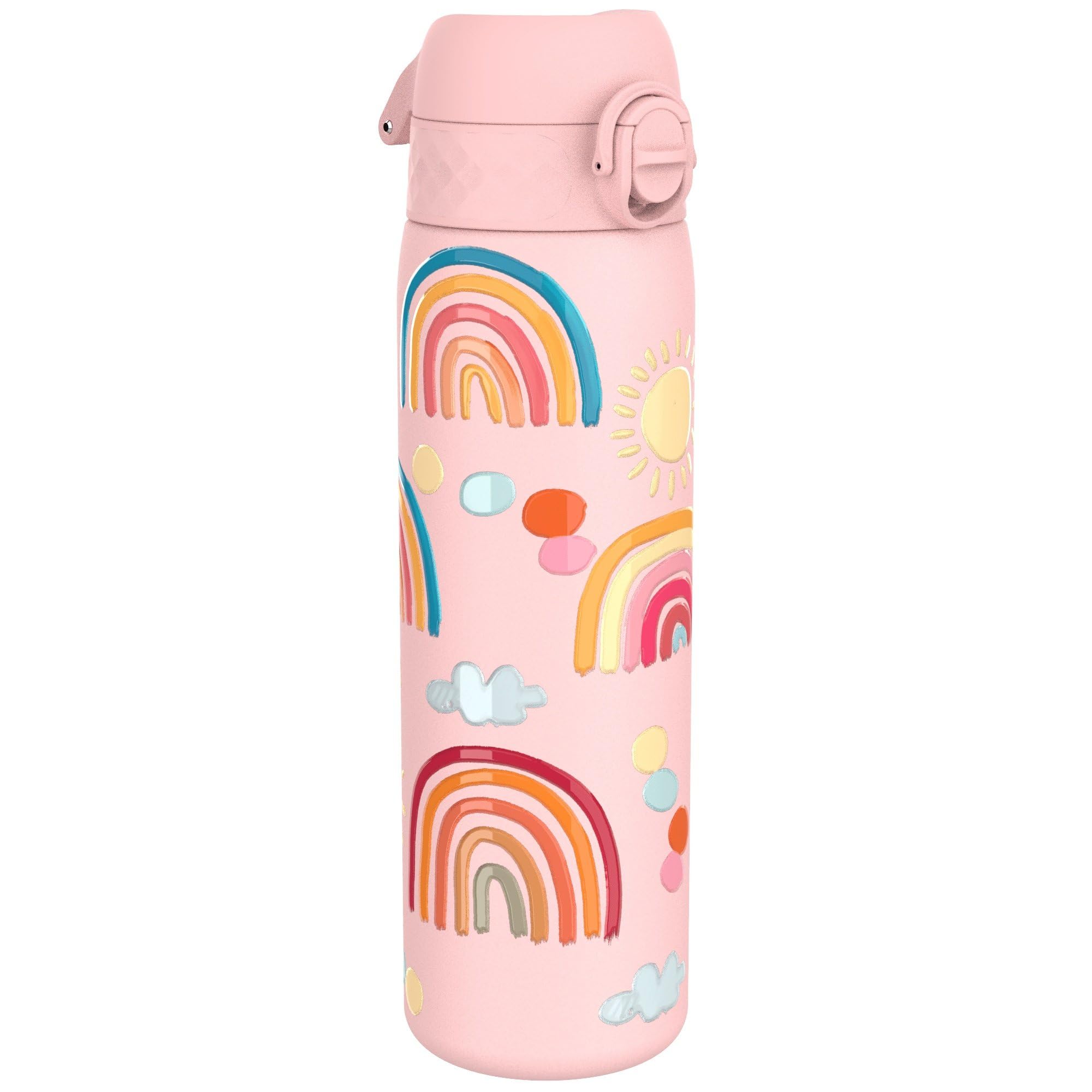 Ion8 Lightweight Steel Water Bottle, 600 ml/20 oz, Non-Insulated, Leak Proof, Easy to Open, Secure Lock, Dishwasher Safe, Flip Cover, Fits Cup Holders, Carry Handle, Metal Water Bottle, Rainbows — image 1