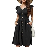 Lamilus Women's 2026 Summer Casual Swing Knee-Length Dress: V-Neck Ruffle Sleeves, Front Button Down with Side Pockets