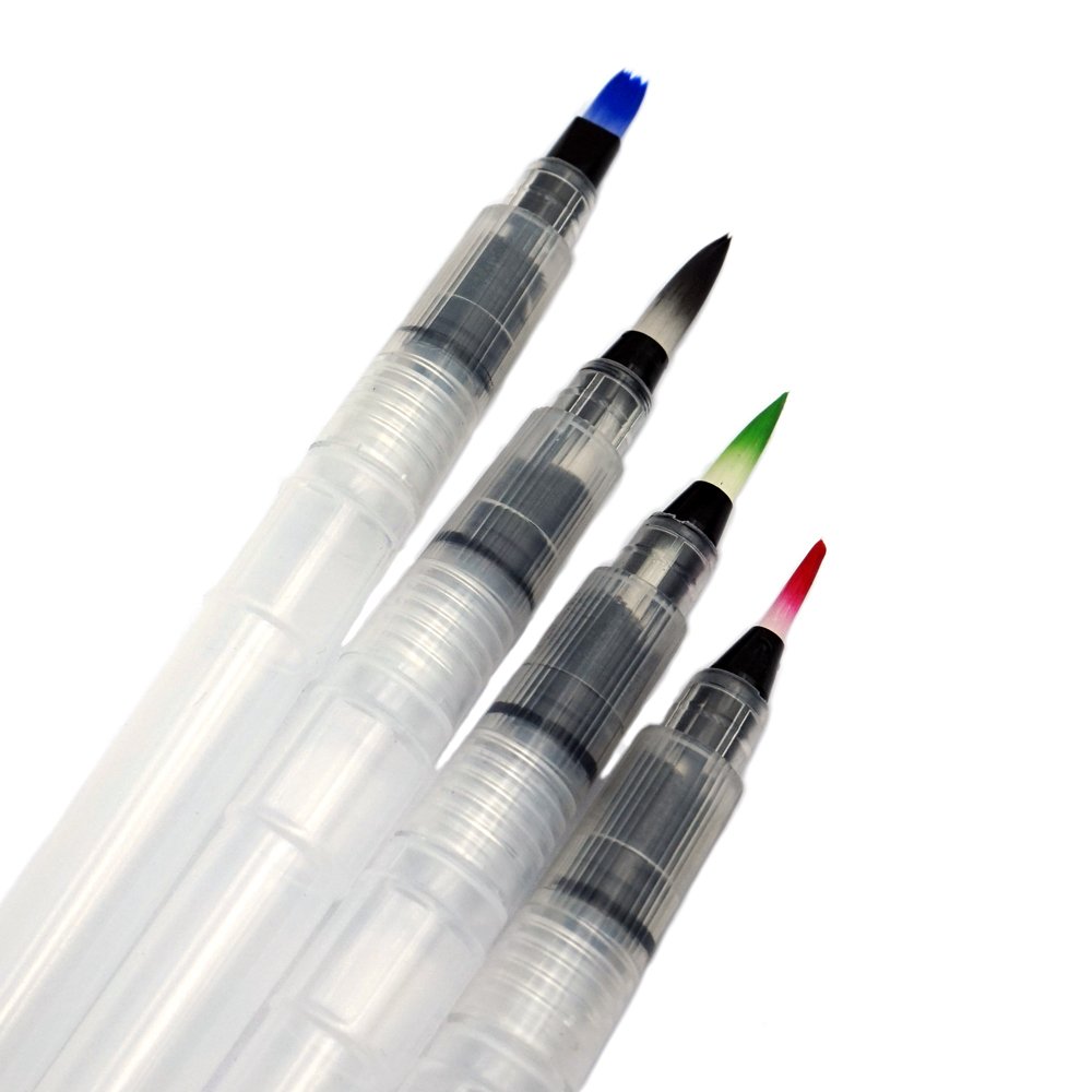 ERCENTURY Water Brush Pen Set (Length: 6.1 inches), Refillable, Leakproof for Watercolor Painting & Lettering, Set of 4, 1 Flat Tip and 3 Sizes Point Tip Brush Pens Are Available