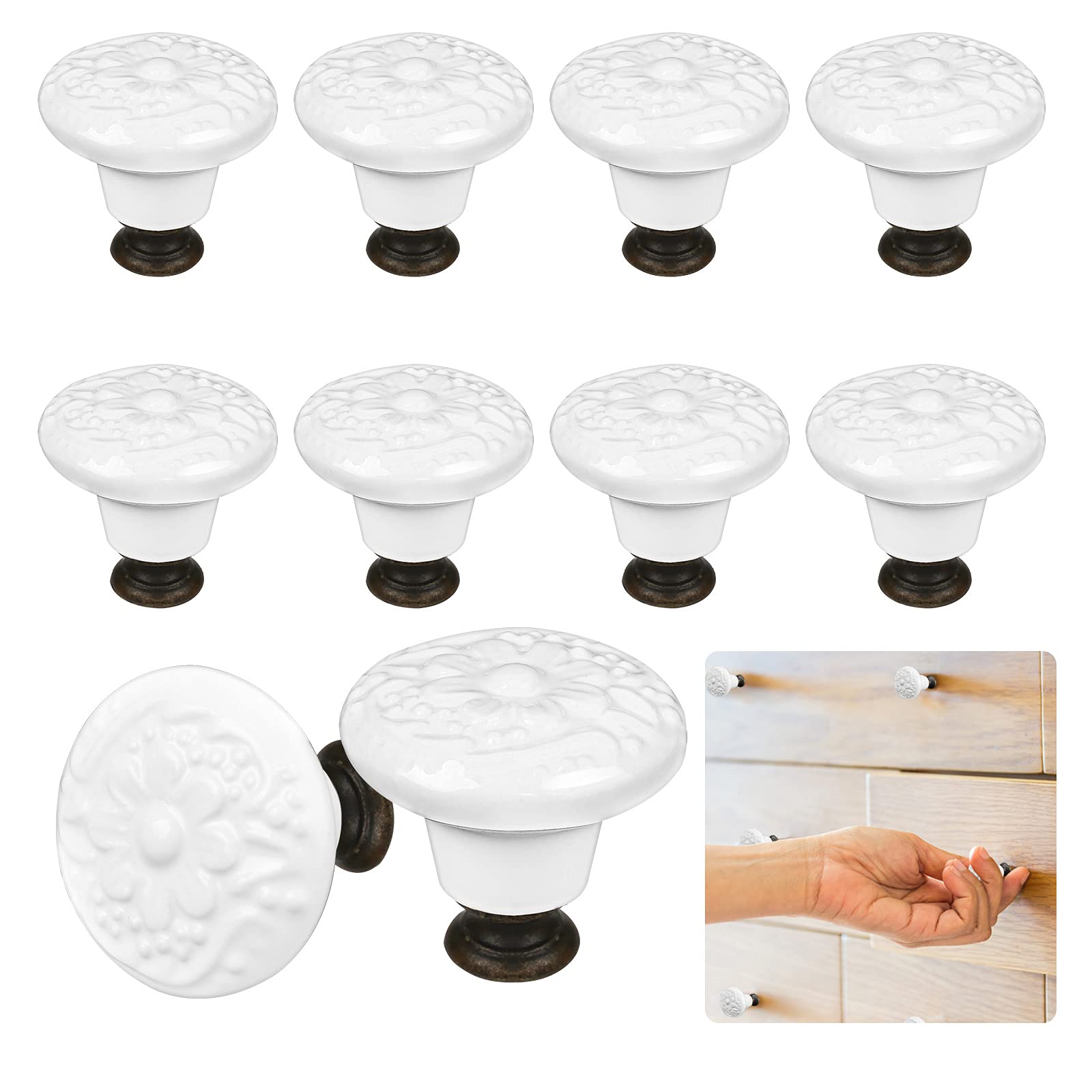 Charshiu 12 Pcs Cabinet Knobs, 34mm Ceramic Door Knobs with Screws, Mushroom Cupboard Knobs for Cabinet Wardrobe Dresser Drawer Door Chest
