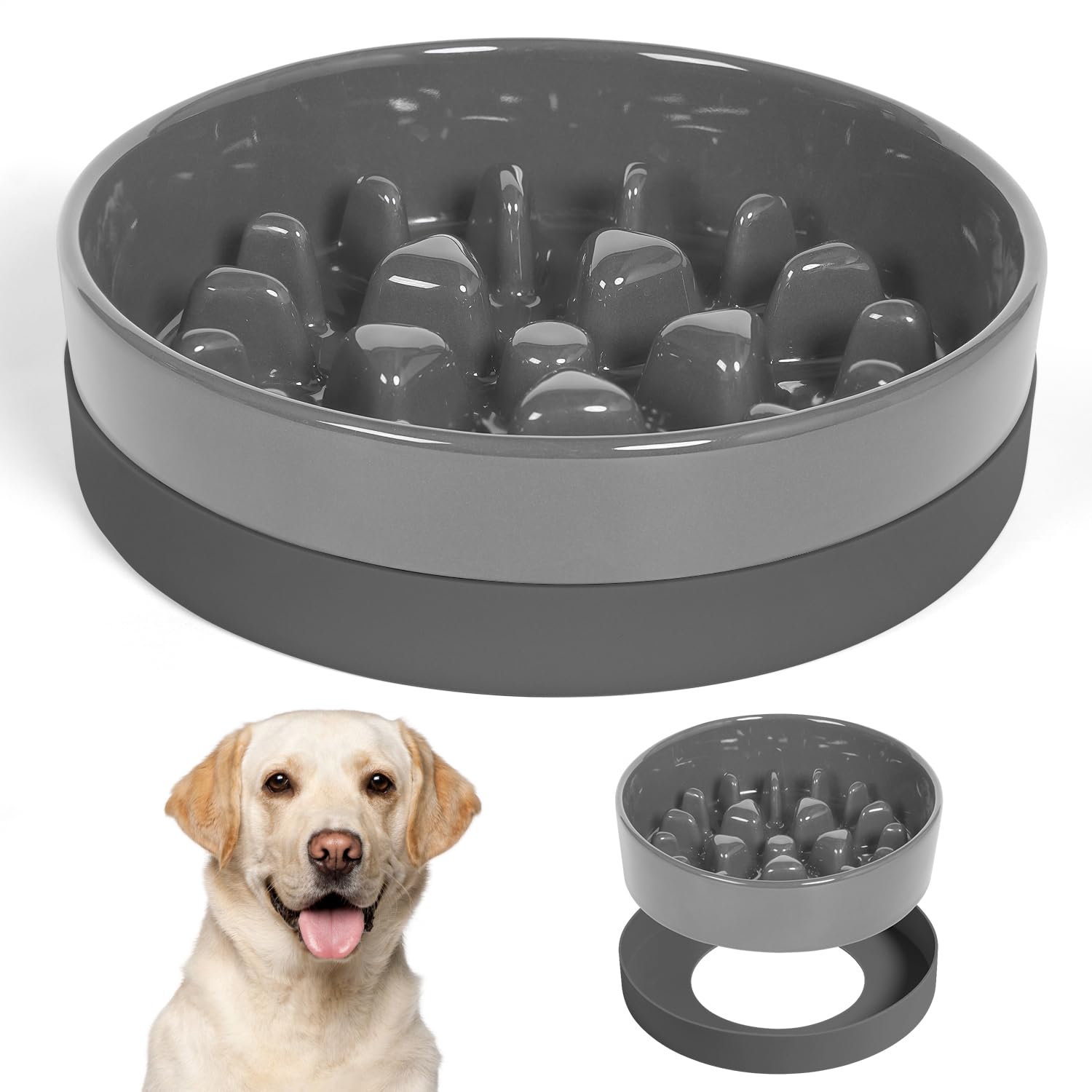 Photo 1 of Sted Ceramic Slow Feeder Dog Bowl for Medium Large Breed, Puzzle Dog Food Bowl with Silicone Base, Maze Grey