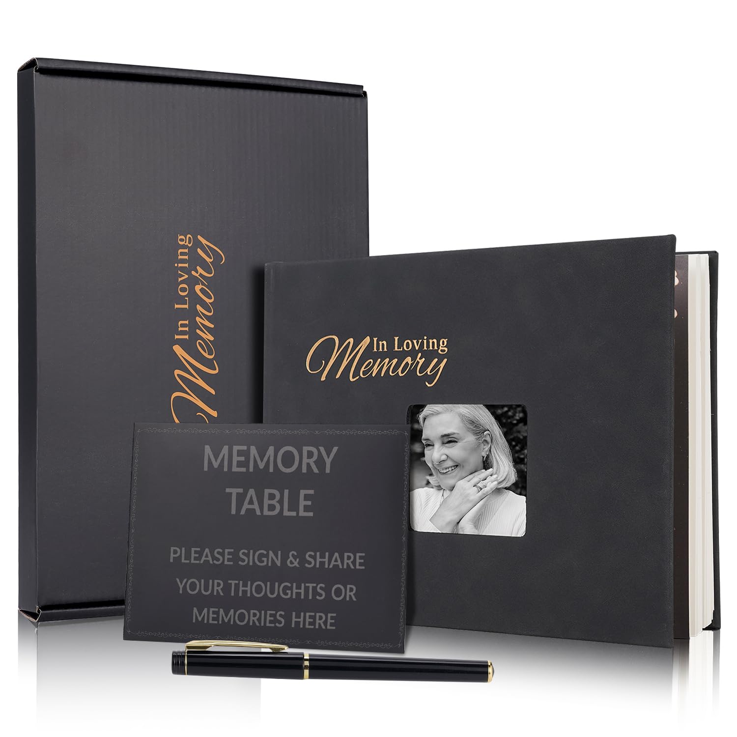 Funeral Memory Book, Leather Hardcover Funeral Guest Book with Gold Engraving, Guestbook for Celebration of Life Memorial Service, Book of Condolence with Memory Table Card Sign and Pen, 10.3" x 7.9"