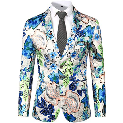 Mens Floral Flower Print Suit Lapel Slim Fit Stylish Blazer Coat Pocket Jacket White