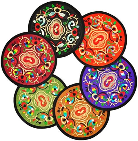 GeLivable Vintage Ethnic Floral Design Embroidery Cup Pad Coasters with a Beautiful Pouch Collector, 5.12"/13cm,Set of 6
