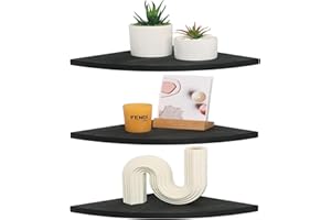 DUICIRX Corner Wall Shelves, Wood Corner Floating Shelves with Cable Raceway, Wall Mount Storage Display for TV Accessories, Monitor, Speaker, Cable Box, Game Console (Black, Fan-Shaped- 10 Inch)