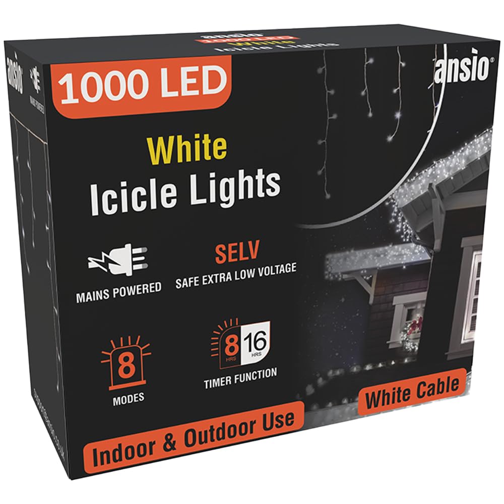 ANSIO® Outdoor Christmas Lights 1000 LED 35m/112ft Icicle Lights Outdoor & Indoor Cool White Decorations String Fairy Outside Lights with Timer for Xmas Garden & Party | Mains Powered White Cable