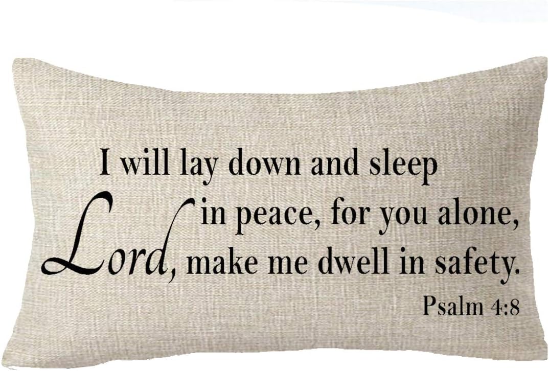 FELENIW I Will Lay Down and Sleep in Peace, for You Alone, Lord, Make Me Dwell in Safety Psalm 4:8 Blessing Gift Throw Pillow Cover Cushion Case Cotton Linen Material Decorative Lumbar 12x20 inches