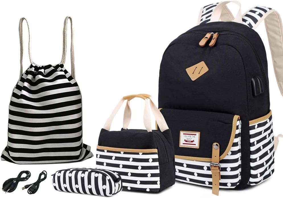 BAGTOP School Canvas Backpack Set - 15" Laptop Backpack with USB Charger Port Travel Daypack Bookbag + Drawstring Backpack + Purse/Clutch Pouch(Black-4)