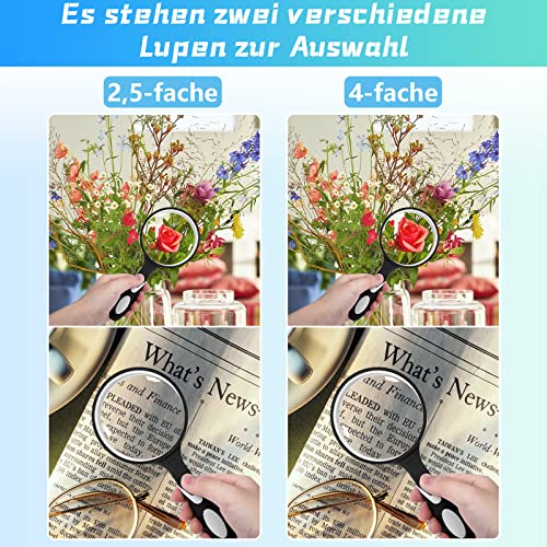 HAKACC 2 Stück Lupe Handheld, 2,5-fache und 4-fache Leselupe 75mm Handlupe für Senioren Kinder Hobbybeobachtung Zeitungen Lesen Insekten